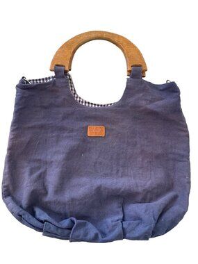 Vintage Basix Canvas Tote Bag Wood Handle Gingham Lined Cotton Classic Handbag